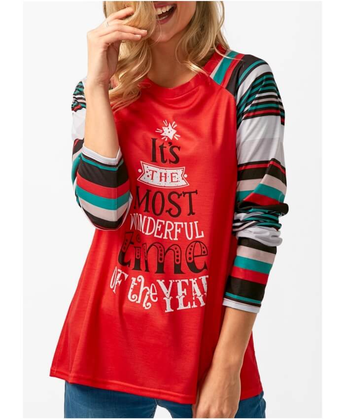 Long Sleeve Letter Print Red T Shirt